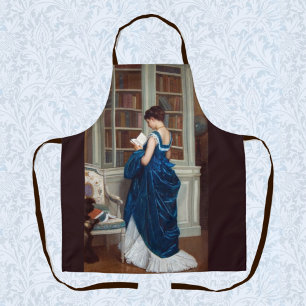 Elegante victoriaanse vrouw lezend in bibliotheek schort