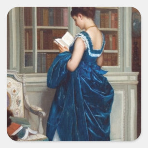 Elegante victoriaanse vrouw lezend in bibliotheek vierkante sticker