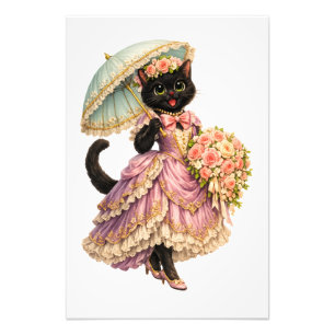 Elegante Victoriaanse Zwarte Kat in Lavendeljurk Foto Afdruk