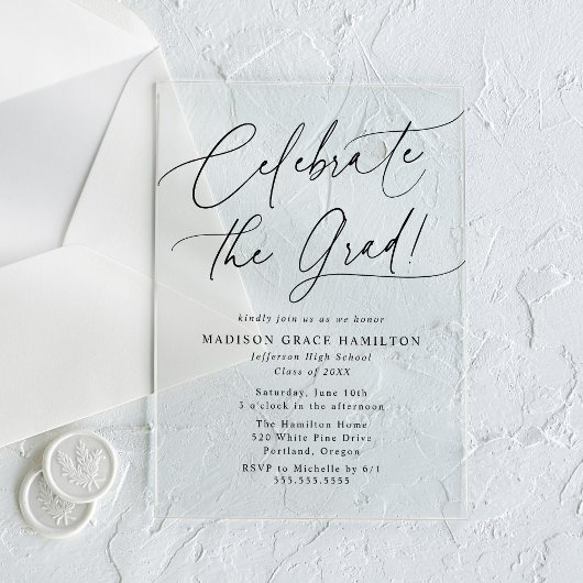 Elegante Vier de Aftstuderen Zwarte Script Afstude Acryl Uitnodigingen