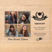 Elegante vier foto zwart | Afstuderen wissen Acryl Uitnodigingen (Voorkant)