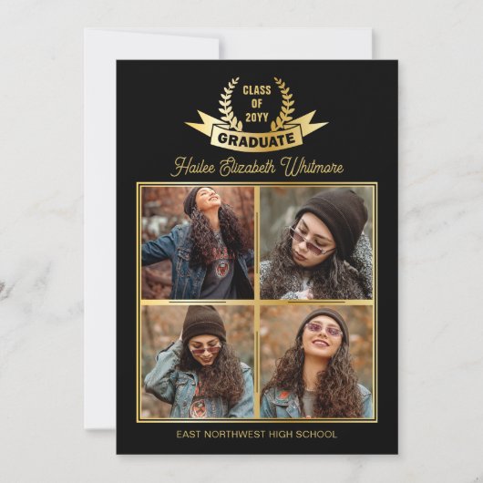 Elegante vier foto zwart | Goud Afstuderen Aankondiging (Voorkant)