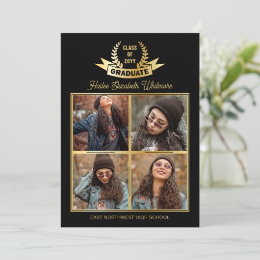 Elegante vier foto zwart | Goud Afstuderen Aankondiging (Staand voorkant)