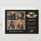 Elegante vier foto zwart | Goud Afstuderen Aankondiging (Voorkant)