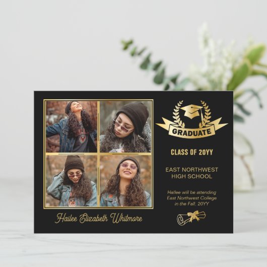 Elegante vier foto zwart | Goud Afstuderen Aankondiging (Staand voorkant)