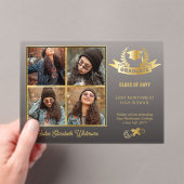 Elegante vier foto zwart vervagen | Goud Afstudere Acryl Uitnodigingen (Insitu (Draagbaar))