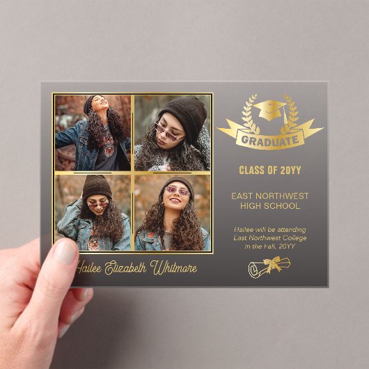 Elegante vier foto zwart vervagen | Goud Afstudere Acryl Uitnodigingen (Insitu (Draagbaar))