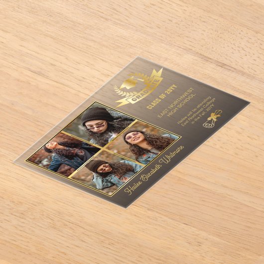 Elegante vier foto zwart vervagen | Goud Afstudere Acryl Uitnodigingen (Laagn)