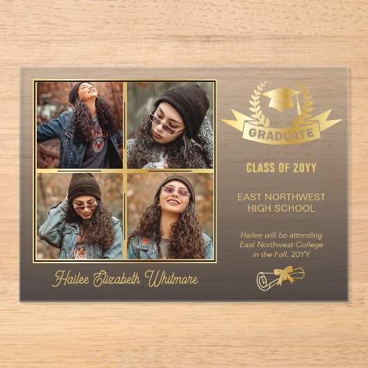 Elegante vier foto zwart vervagen | Goud Afstudere Acryl Uitnodigingen (Voorkant)