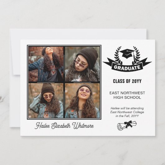 Elegante vier foto zwart | Wit Afstuderen Aankondiging (Voorkant)