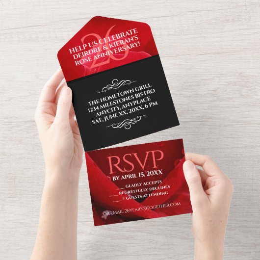 Elegante viering van 26 jaar rozen huwelijksjubile all in one uitnodiging (Afscheurbaar)