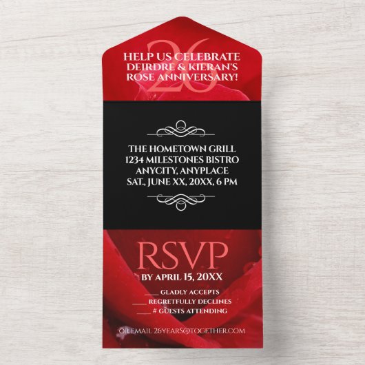 Elegante viering van 26 jaar rozen huwelijksjubile all in one uitnodiging (Binnen)