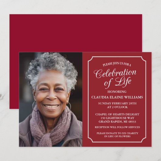 ELEGANTE VIERING VAN HET LEVEN BEGRAFENISUITNODIGI KAART (Voorkant / Achterkant)