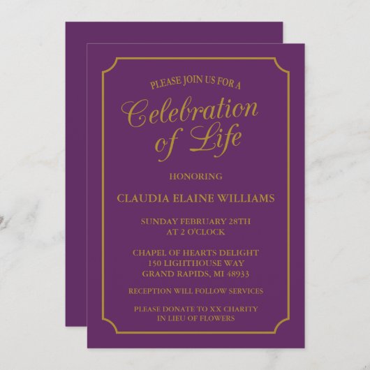 ELEGANTE VIERING VAN HET LEVEN BEGRAFENISUITNODIGI KAART (Voorkant / Achterkant)