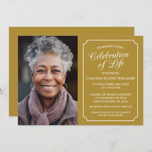 ELEGANTE VIERING VAN HET LEVEN BEGRAFENISUITNODIGI KAART (Voorkant / Achterkant)