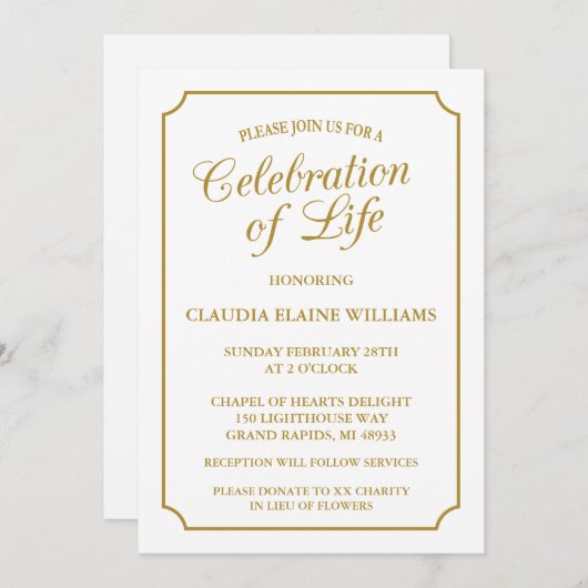 ELEGANTE VIERING VAN HET LEVEN BEGRAFENISUITNODIGI KAART (Voorkant / Achterkant)