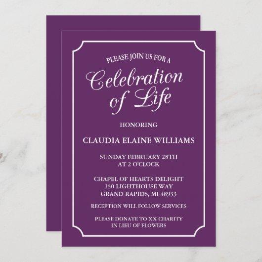 ELEGANTE VIERING VAN HET LEVEN BEGRAFENISUITNODIGI KAART (Voorkant / Achterkant)