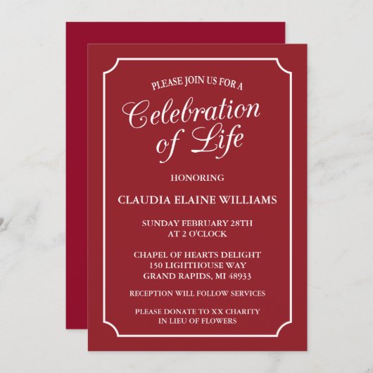 ELEGANTE VIERING VAN HET LEVEN BEGRAFENISUITNODIGI KAART (Voorkant / Achterkant)