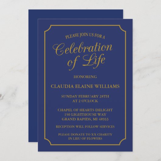 ELEGANTE VIERING VAN HET LEVEN BEGRAFENISUITNODIGI KAART (Voorkant / Achterkant)