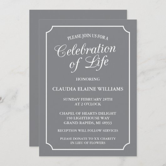 ELEGANTE VIERING VAN HET LEVEN BEGRAFENISUITNODIGI KAART (Voorkant / Achterkant)