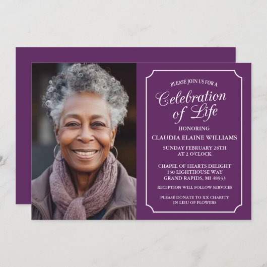 ELEGANTE VIERING VAN HET LEVEN BEGRAFENISUITNODIGI KAART (Voorkant / Achterkant)