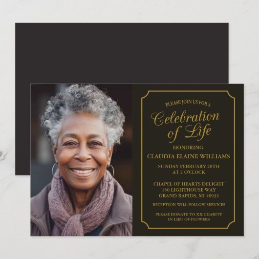 ELEGANTE VIERING VAN HET LEVEN BEGRAFENISUITNODIGI KAART (Voorkant / Achterkant)