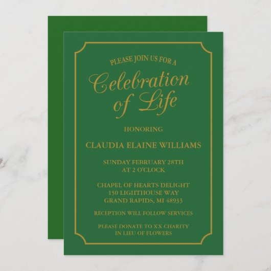 ELEGANTE VIERING VAN HET LEVEN BEGRAFENISUITNODIGI KAART (Voorkant / Achterkant)