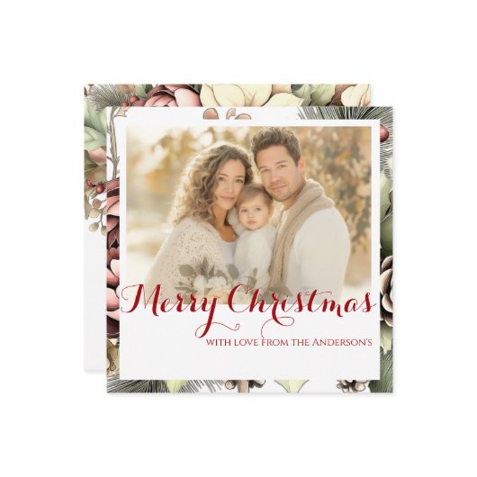 Elegante vierkante Bloemen Foto Kerst Kaart (Voorkant / Achterkant in situ)