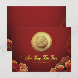 Elegante Vietnamese draak Nieuwjaar 2024 Pioenroze Feestdagenkaart