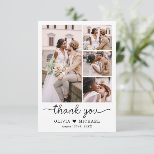 Elegante vijf foto collage script bruiloft bedankkaart (Staand voorkant)