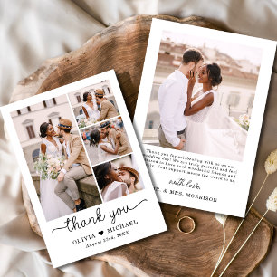 Elegante vijf foto collage script bruiloft bedankkaart