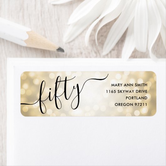 Elegante vijftig gouden glitterlichten 50ste verja etiket (Insitu)