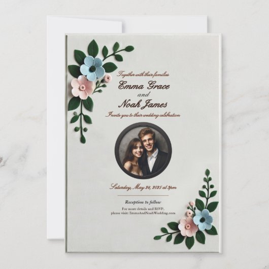 Elegante vilten bloemenbruiloft uitnodiging (Voorkant)