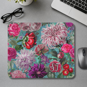 Elegante vintage aqua blauwe bloemrijke monogram muismat