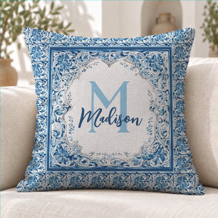 Elegante vintage aquablauwe bloemige monogram kussen