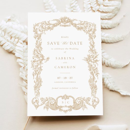 Elegante Vintage Barok Franse Gouden Save the Date Kaart