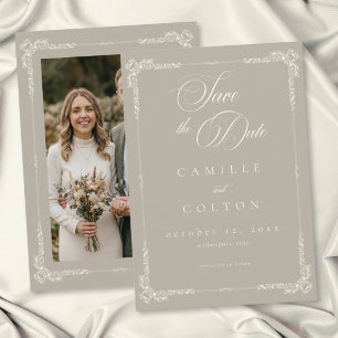 Elegante vintage barok neutrale lichtbruine ivoor save the date