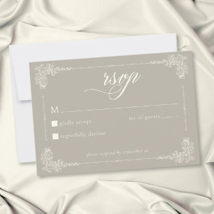 Elegante Vintage Barok Neutrale Taan Ivoor Trouw RSVP Kaartje