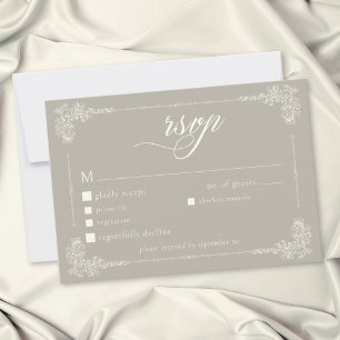 Elegante Vintage Barok Neutrale Taan Ivoor Trouw RSVP Kaartje