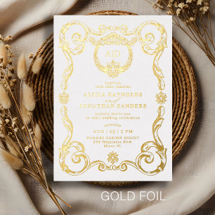 Elegante vintage barok rococo gouden trouw folie uitnodiging