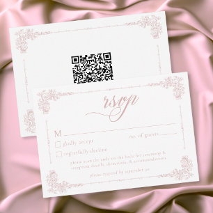 Elegante Vintage Barok Stof Roze Trouw QR RSVP Kaartje