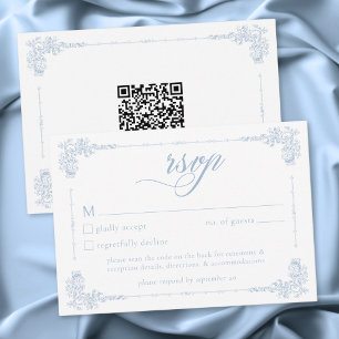 Elegante Vintage Barok Stofblauw Huwelijks QR RSVP Kaartje