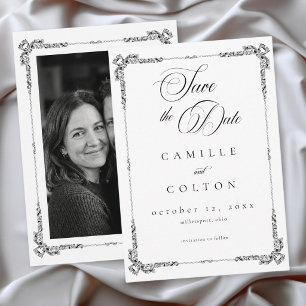 Elegante vintage barok zwart-wit trouwfoto save the date