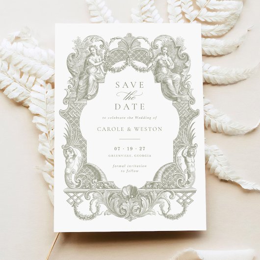 Elegante vintage barokke bloem bruiloft bewaar dat kaart