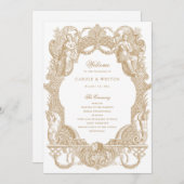 Elegante Vintage Barokke Lijst Toile Goud Bruiloft Programmakaart (Voorkant / Achterkant)