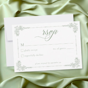 Elegante Vintage Barokke Saliegroene Trouw RSVP Kaartje