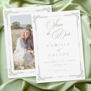 Elegante vintage barokke saliegroene trouwfoto save the date