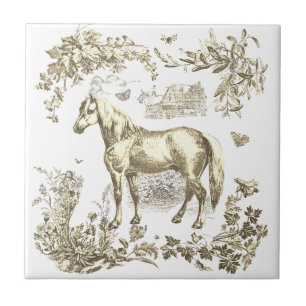 Elegante vintage beige paard bloemig tegeltje