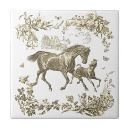 Elegante vintage beige paarden bloemmotief tegeltje