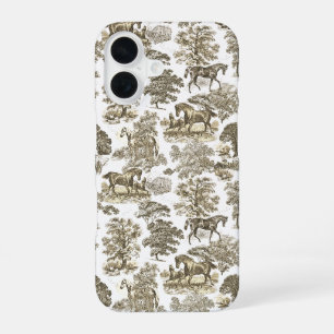 Elegante vintage beige witte paarden toile patroon iPhone 16 hoesje